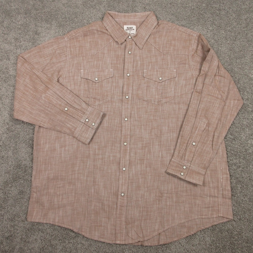 Blake Shelton Lands End Shirt Mens 2XL Brown Chambray Pearl Snap Western Country